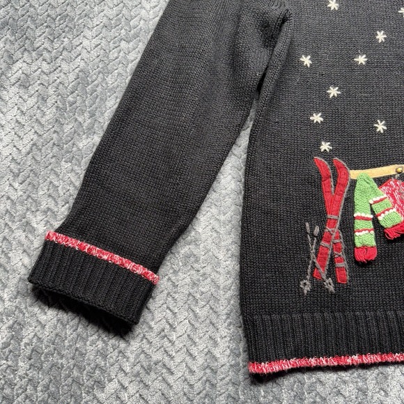 Coldwater Creek Christmas Cardigan Sweater Women L Black Y2K Zip Embroidered Ski - Picture 4 of 13